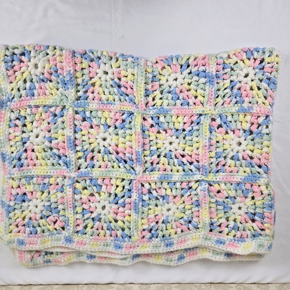 Handmade Crochet Granny Square Baby Blanket Yellow Green Pink Blue White